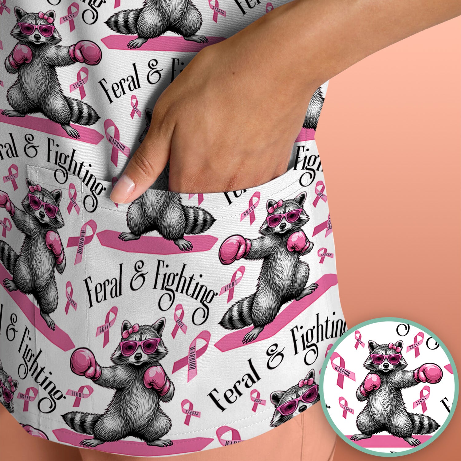 Breast Cancer Awareness Raccoon Scrub Top, Comfortable Scrubs for Nurses