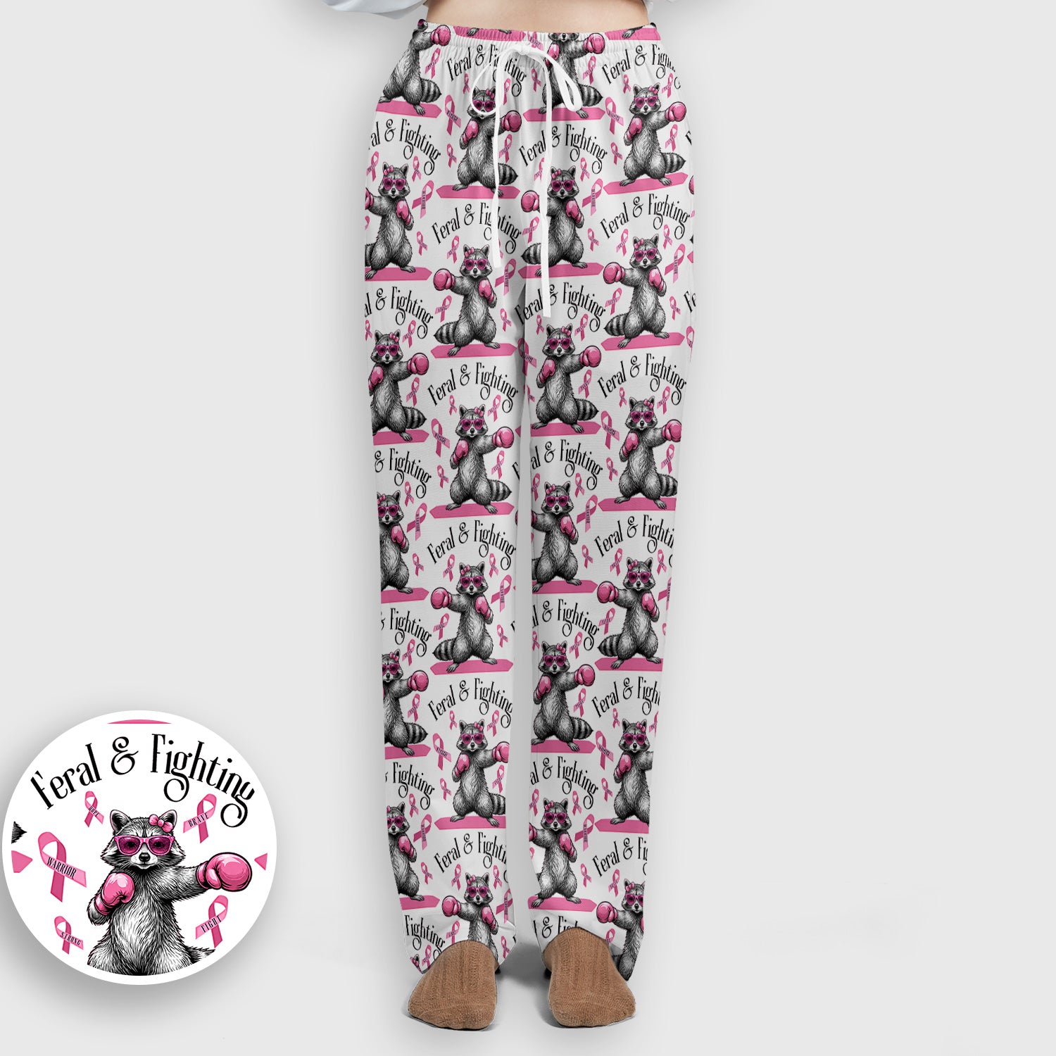 Breast Cancer Awareness Raccoon Scrub Set, Scrub Pants and V Neck Top
