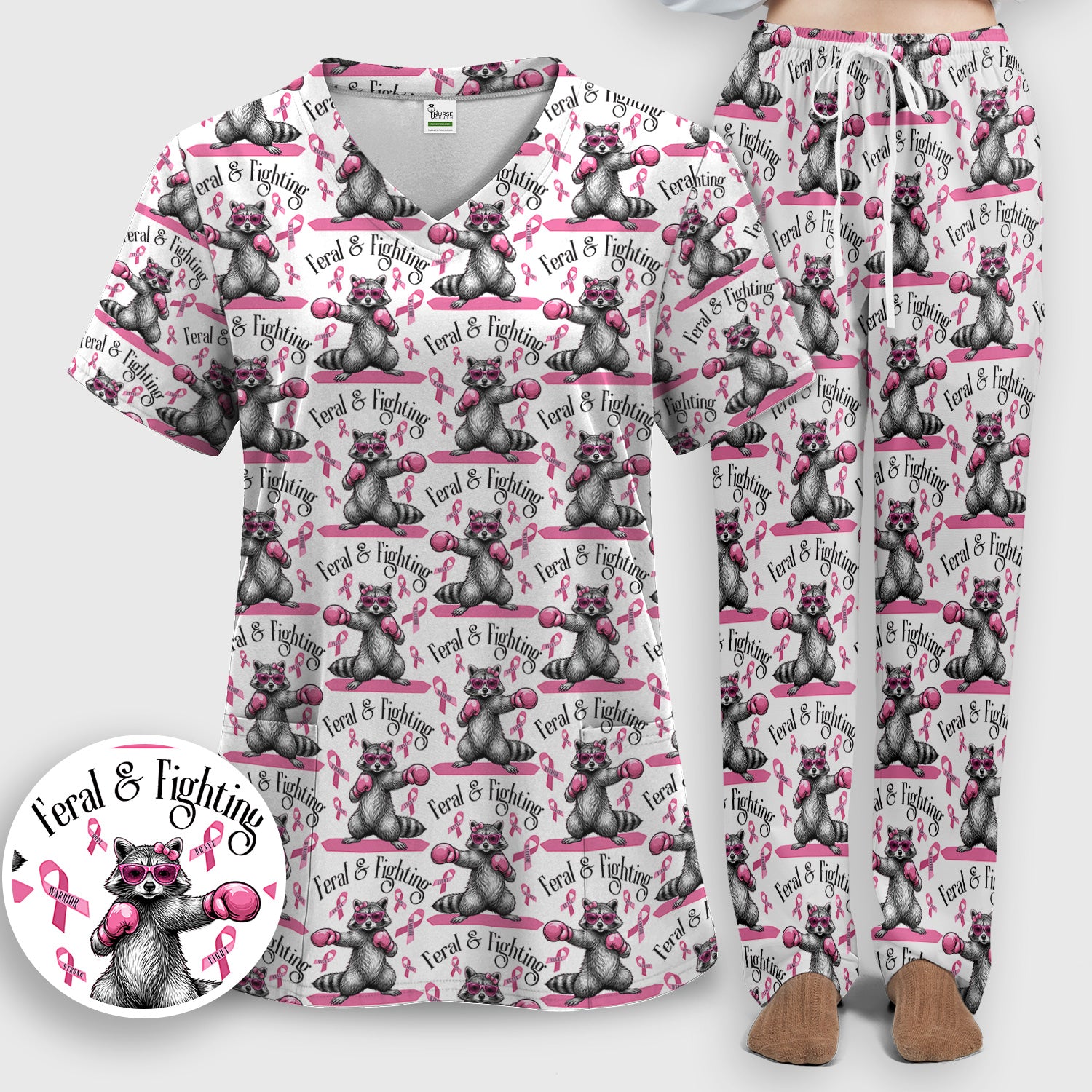 Breast Cancer Awareness Raccoon Scrub Set, Scrub Pants and V Neck Top