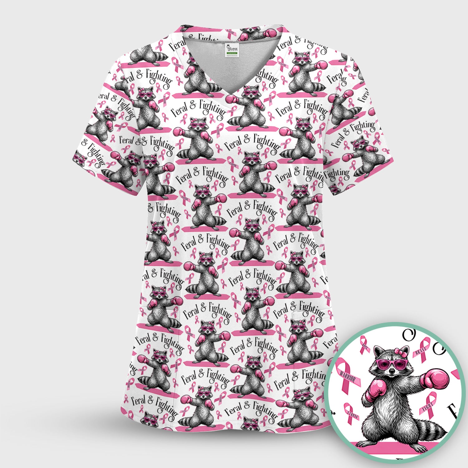 Breast Cancer Awareness Raccoon Scrub Set, Scrub Pants and V Neck Top