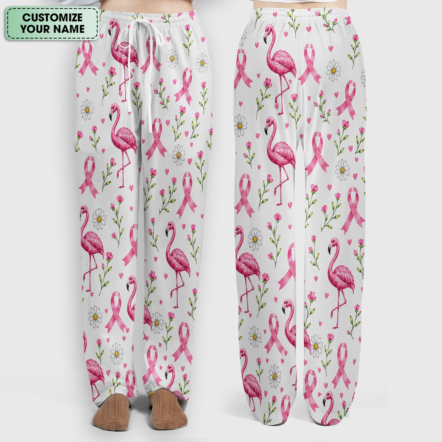 Personalized Flamingo Breast Cancer Awareness Scrub Set, Scrub Pants and V Neck Top