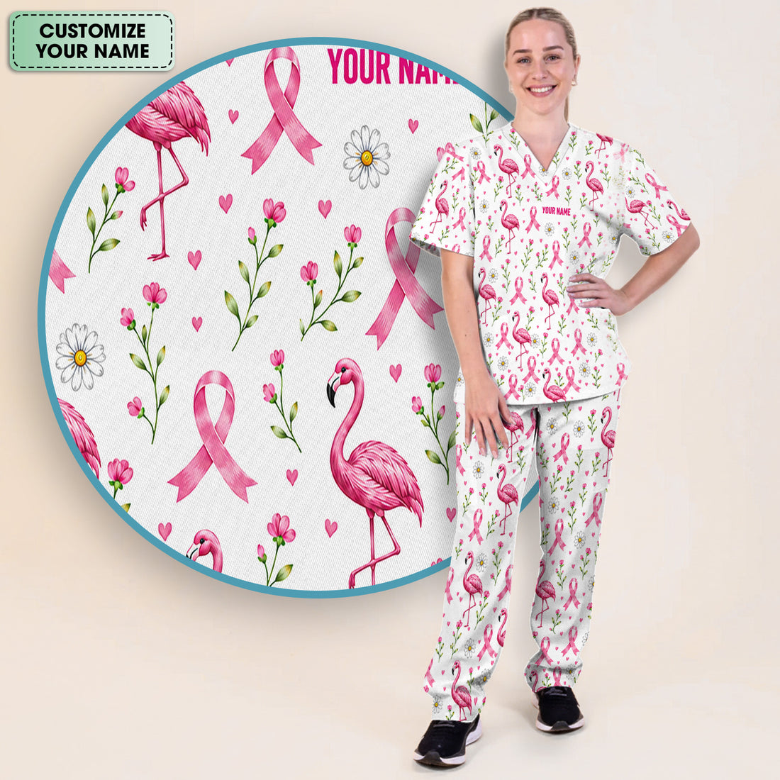 Personalized Flamingo Breast Cancer Awareness Scrub Set, Scrub Pants and V Neck Top