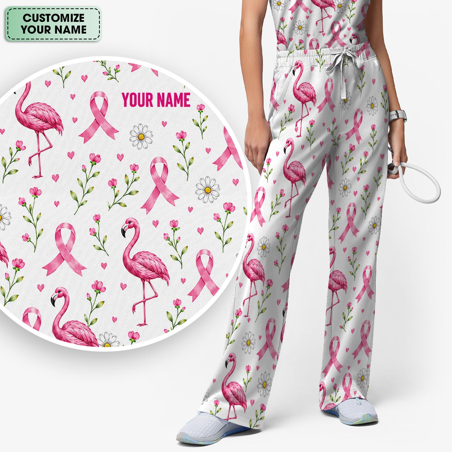 Personalized Flamingo Breast Cancer Awareness Scrub Set, Scrub Pants and V Neck Top