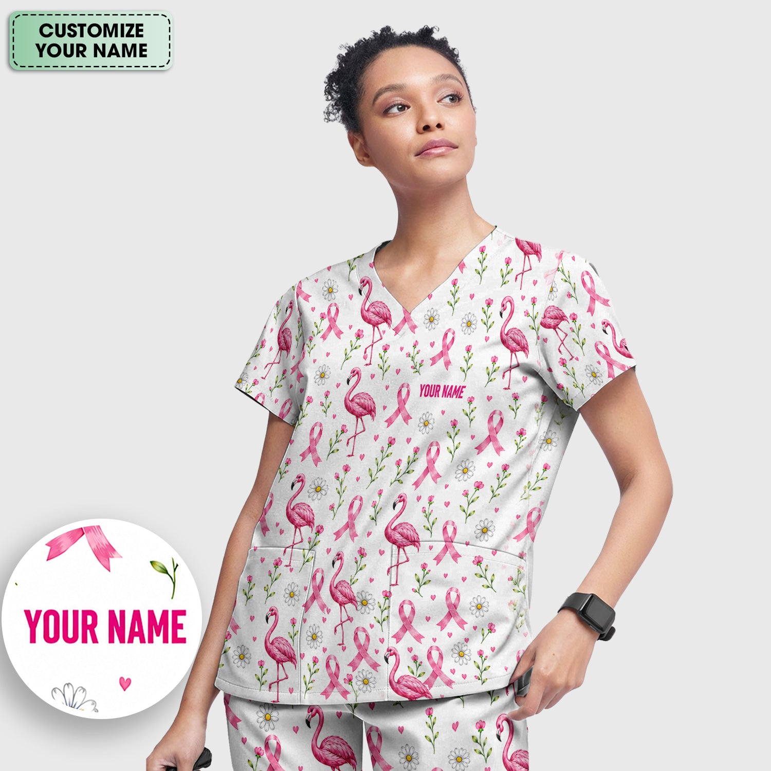 Personalized Flamingo Breast Cancer Awareness Scrub Set, Scrub Pants and V Neck Top