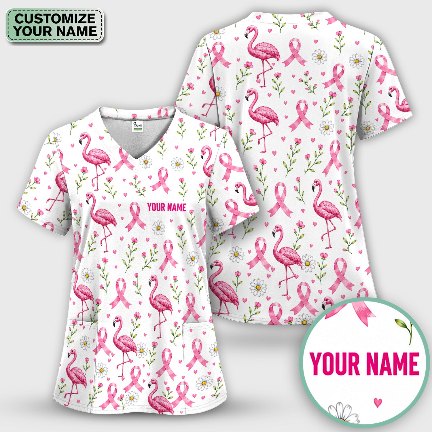 Personalized Flamingo Breast Cancer Awareness Scrub Top, Comfortable Scrubs for Nurses