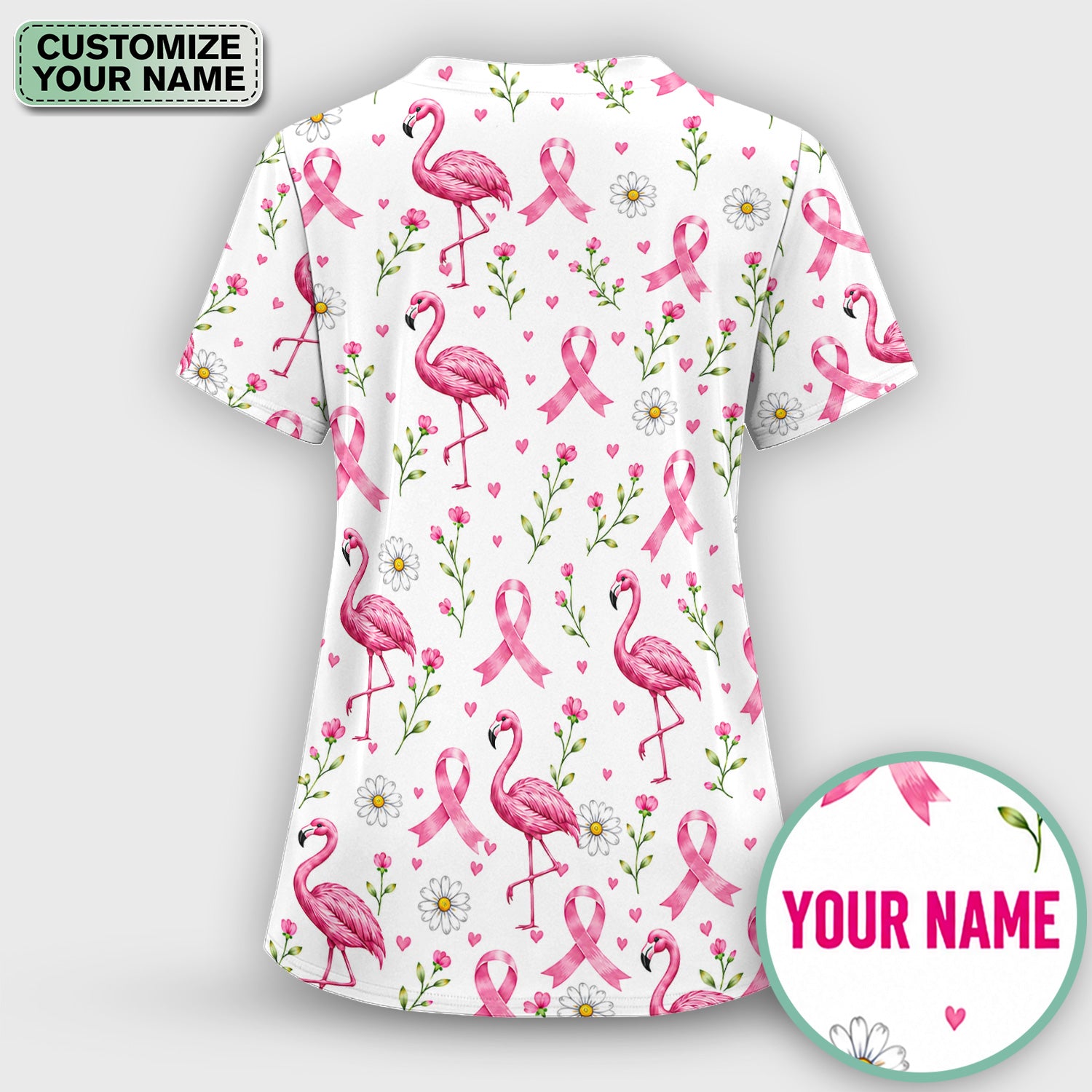 Personalized Flamingo Breast Cancer Awareness Scrub Top, Comfortable Scrubs for Nurses