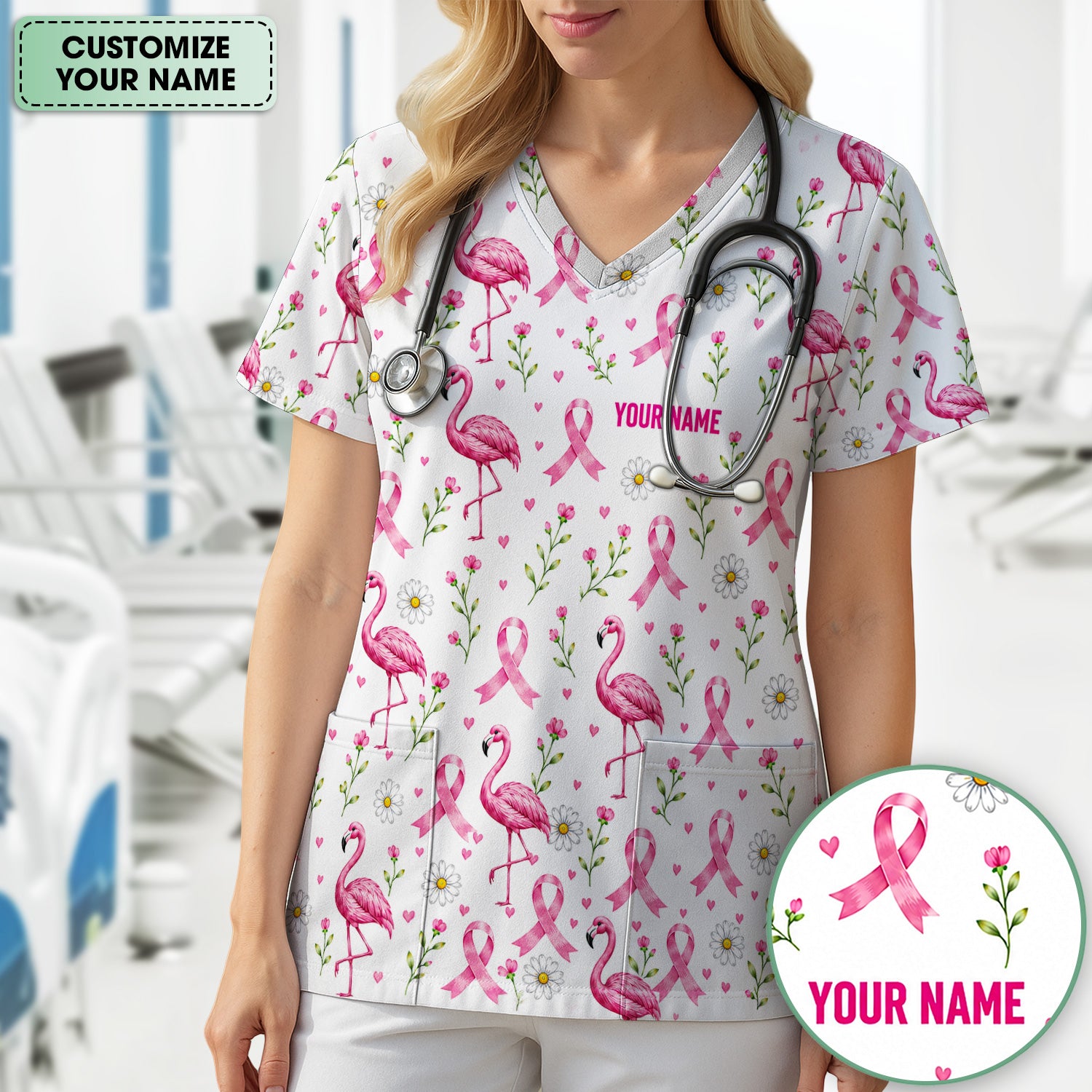 Personalized Flamingo Breast Cancer Awareness Scrub Top, Comfortable Scrubs for Nurses