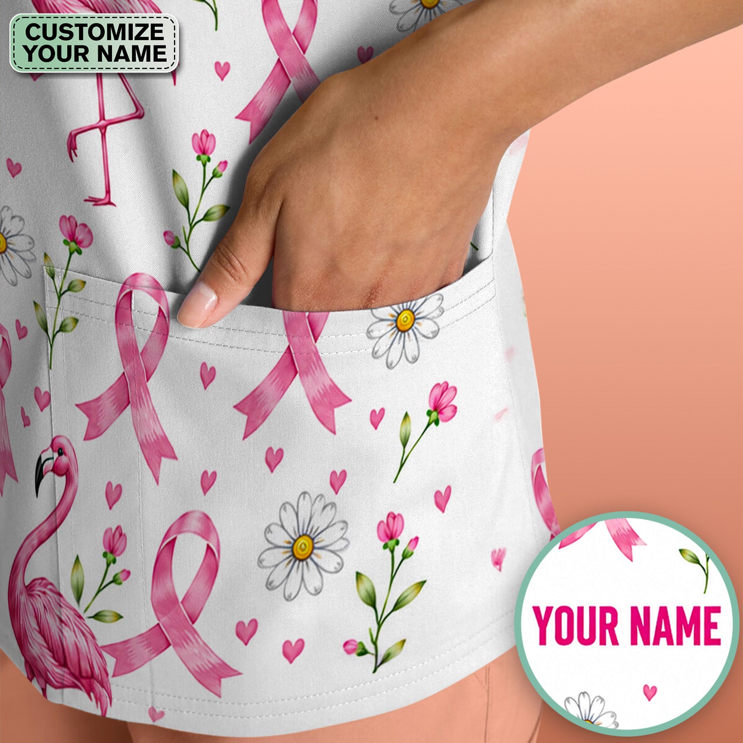 Personalized Flamingo Breast Cancer Awareness Scrub Top, Comfortable Scrubs for Nurses