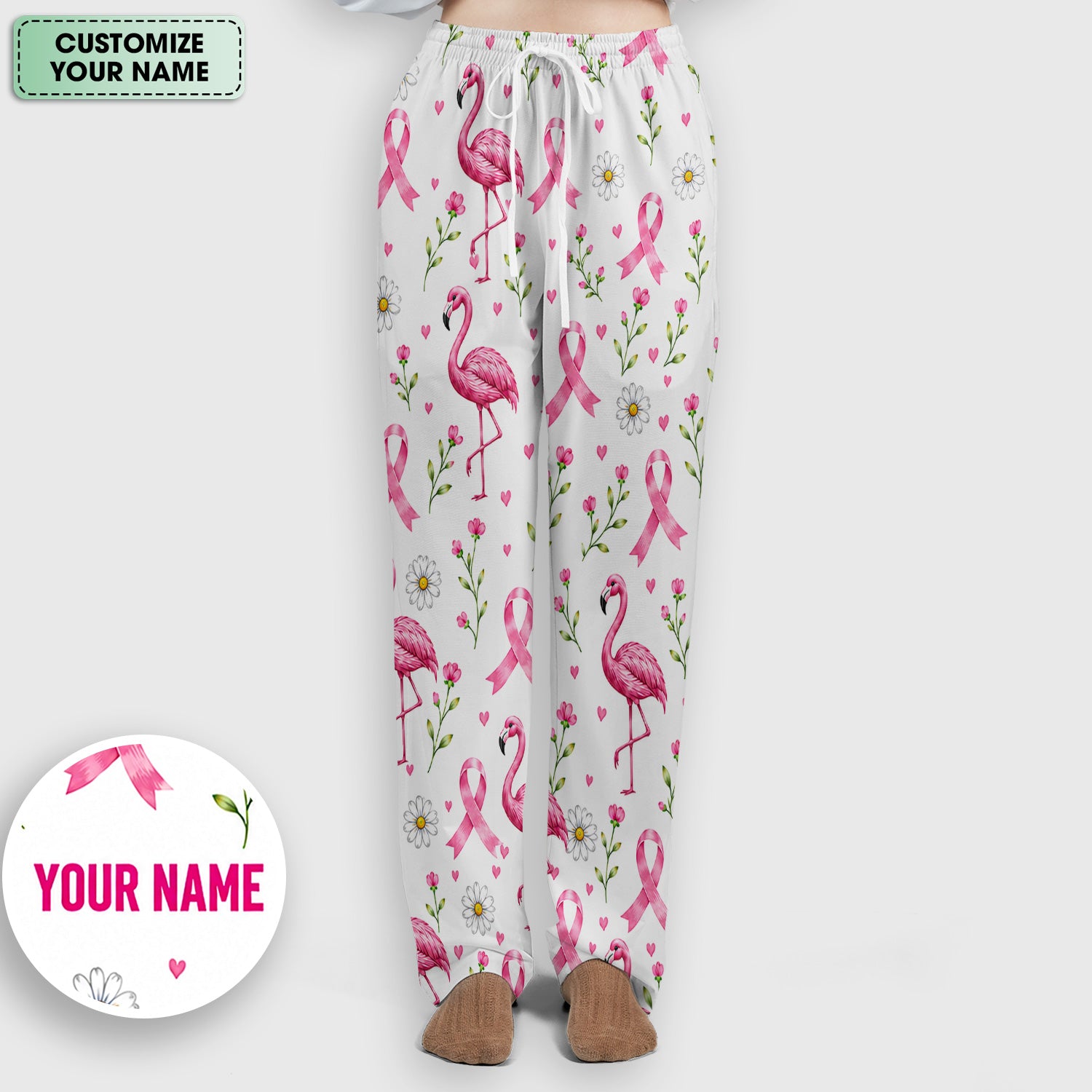 Personalized Flamingo Breast Cancer Awareness Scrub Set, Scrub Pants and V Neck Top