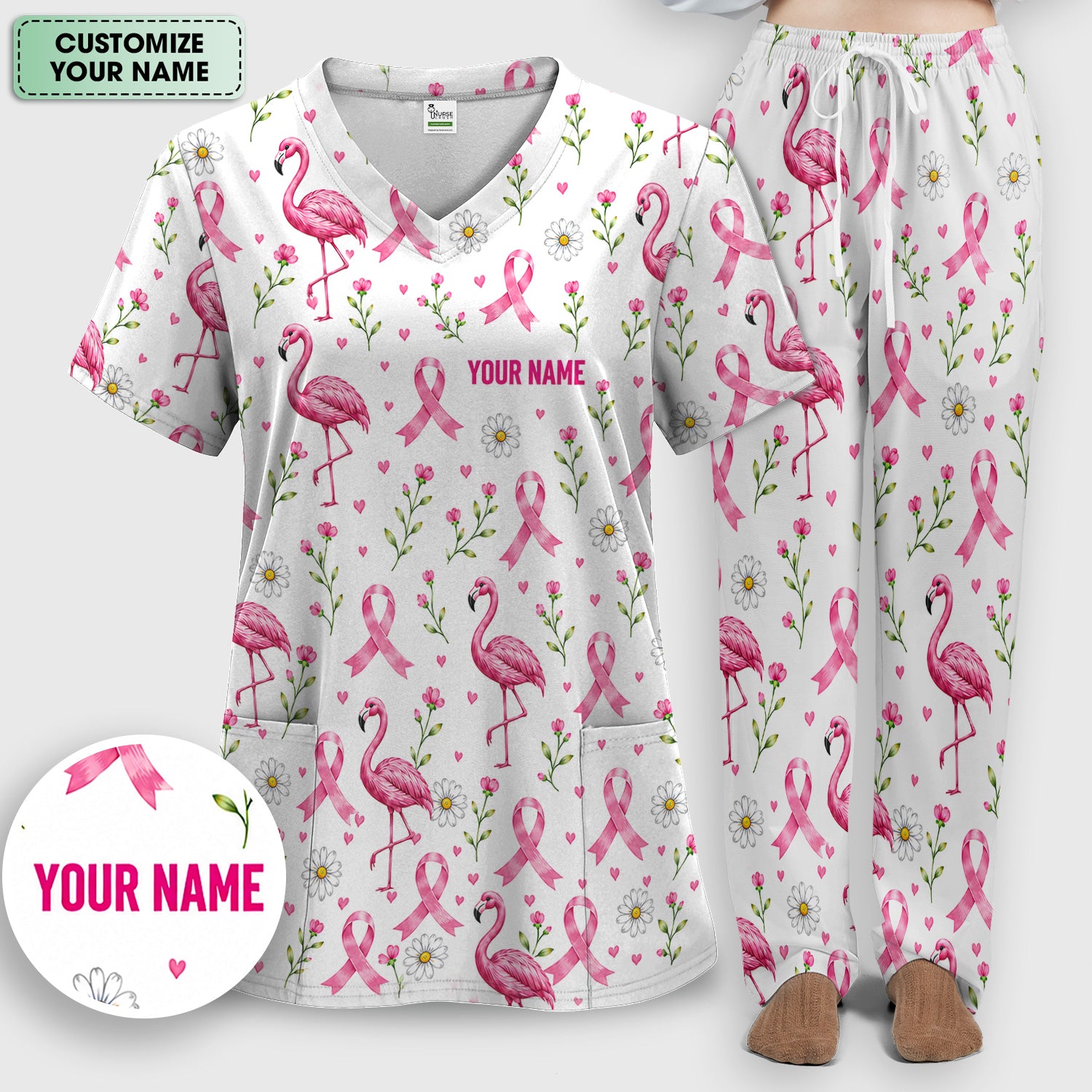 Personalized Flamingo Breast Cancer Awareness Scrub Set, Scrub Pants and V Neck Top