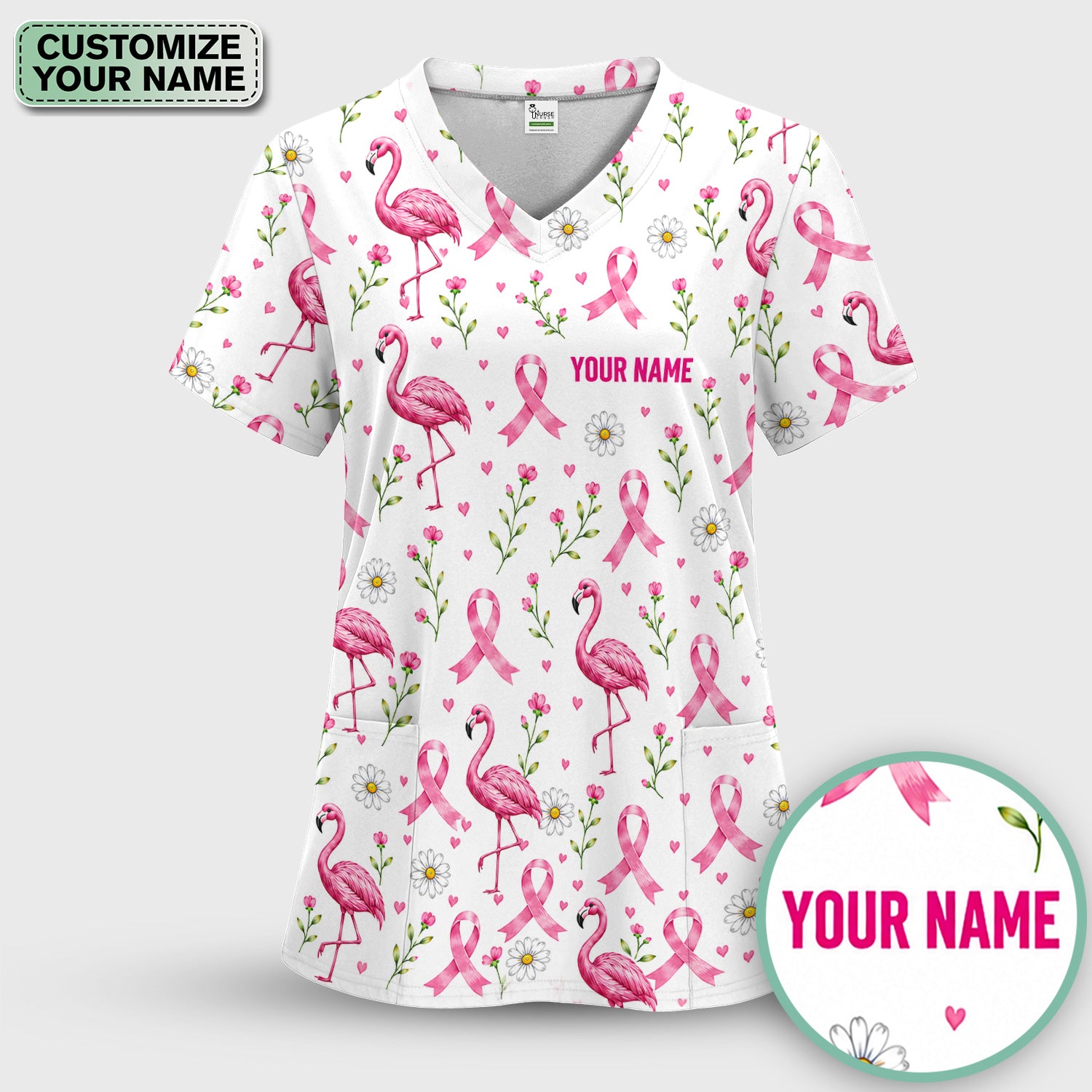 Personalized Flamingo Breast Cancer Awareness Scrub Top, Comfortable Scrubs for Nurses