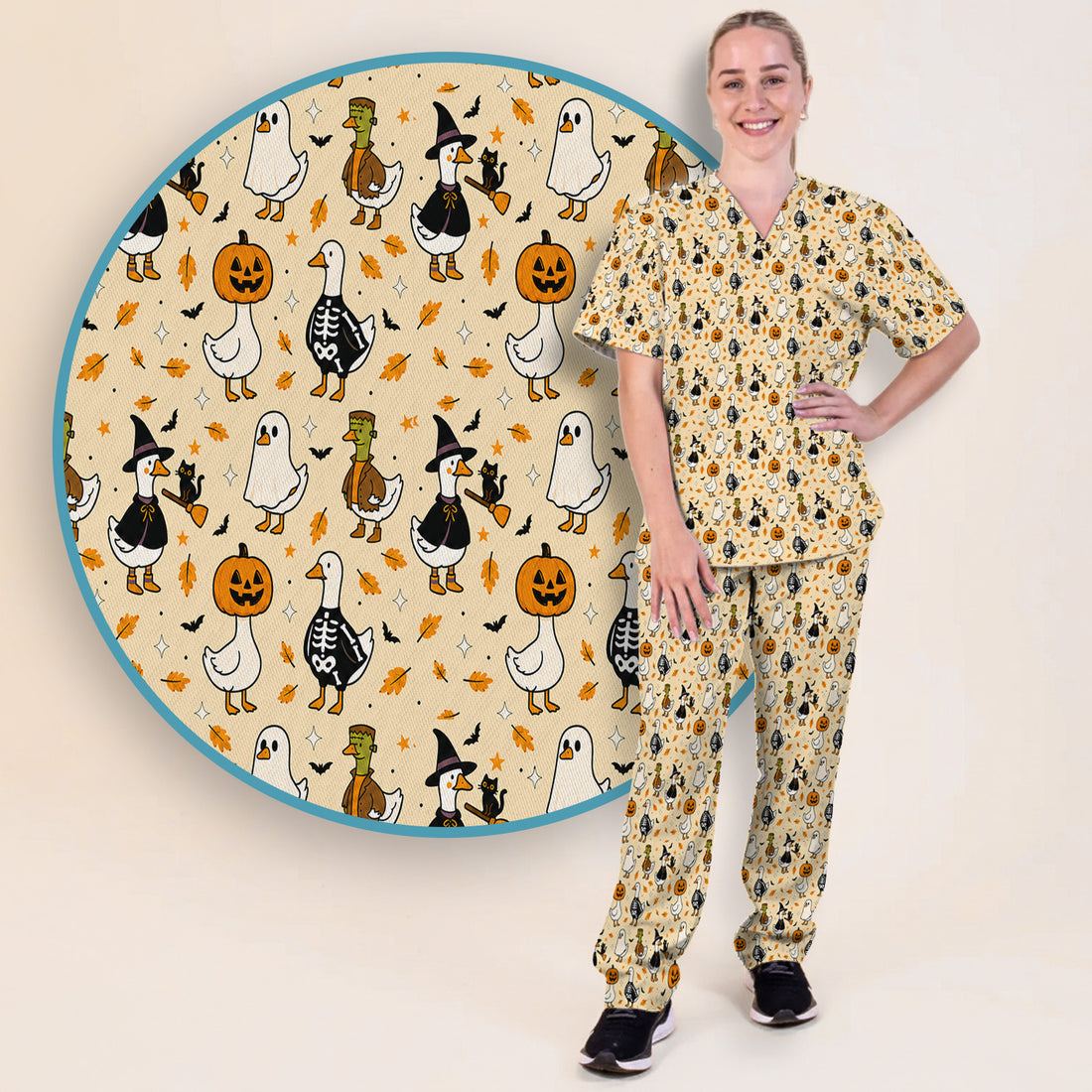 Spooky Halloween Goose Scrub Set, Scrub Pants and V Neck Top