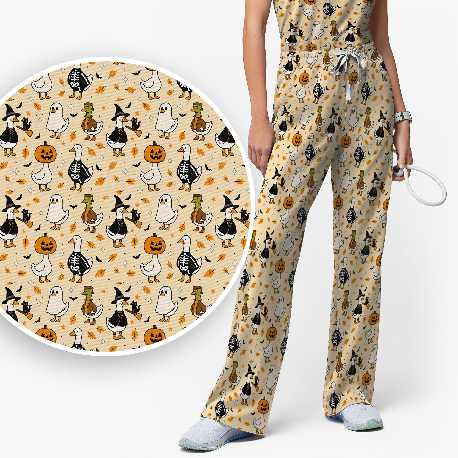 Spooky Halloween Goose Scrub Set, Scrub Pants and V Neck Top