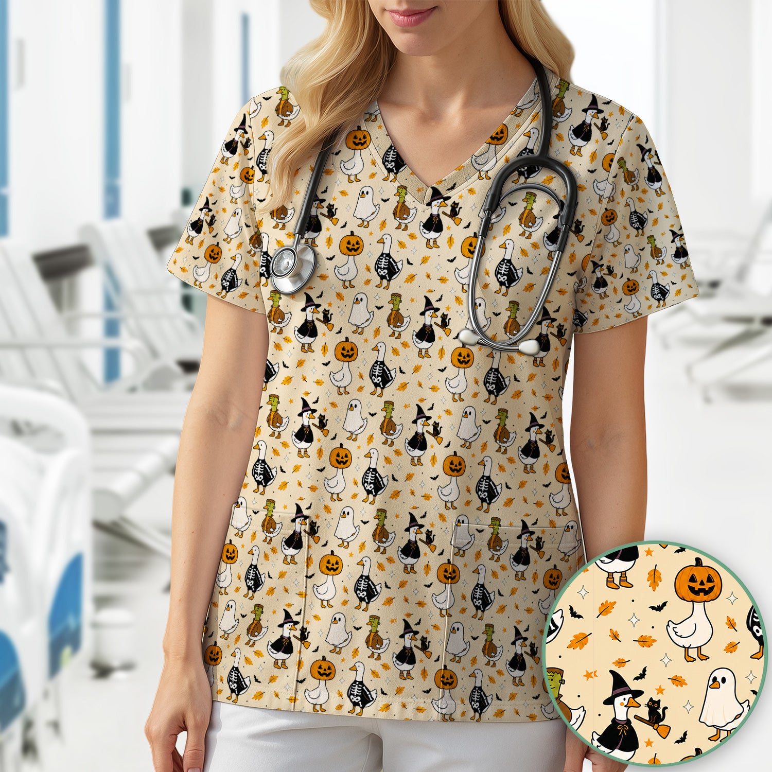 Spooky Halloween Goose Scrub Top, Comfortable Scrubs for Nurses