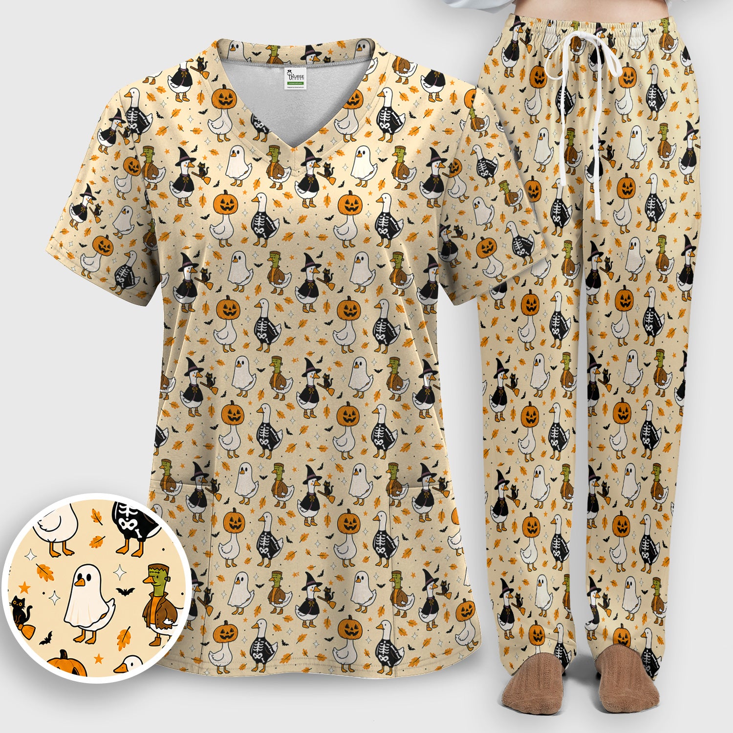 Spooky Halloween Goose Scrub Set, Scrub Pants and V Neck Top