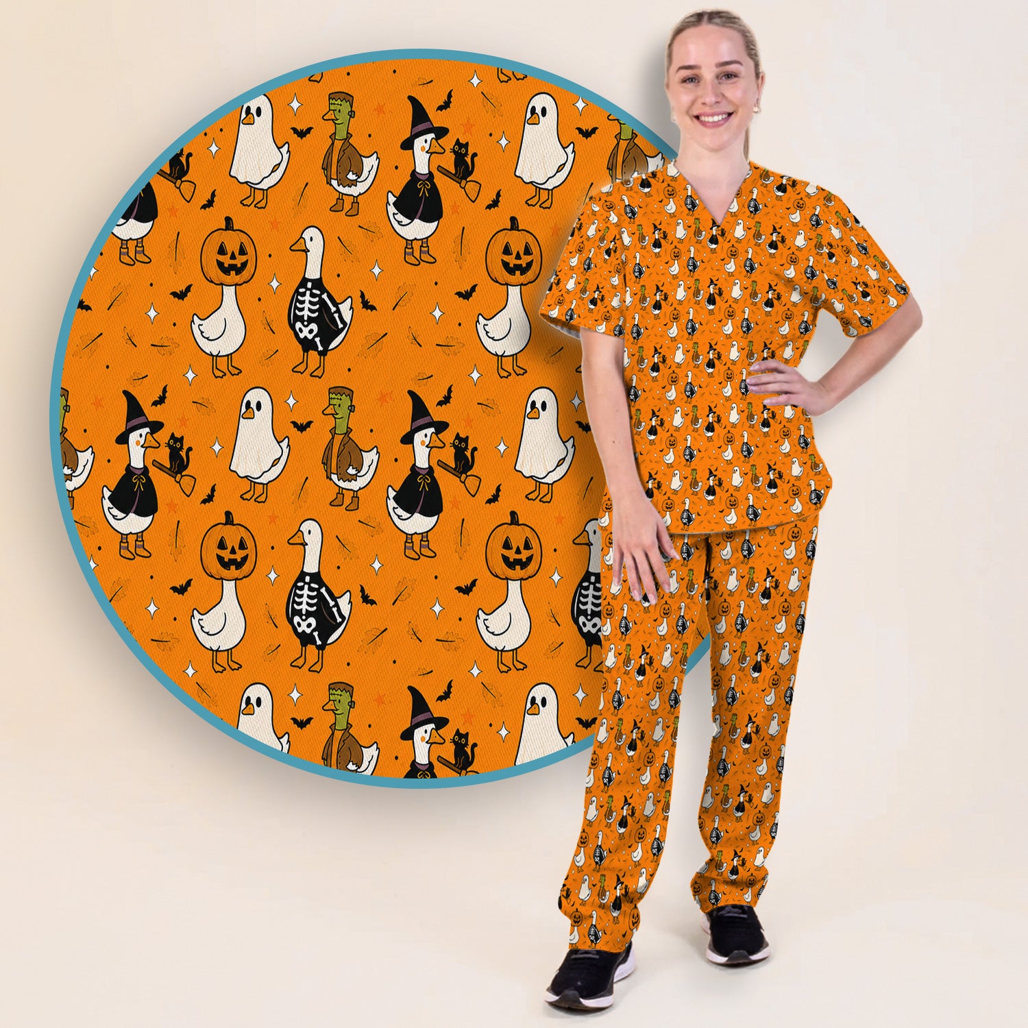 Spooky Halloween Goose Scrub Set, Scrub Pants and V Neck Top