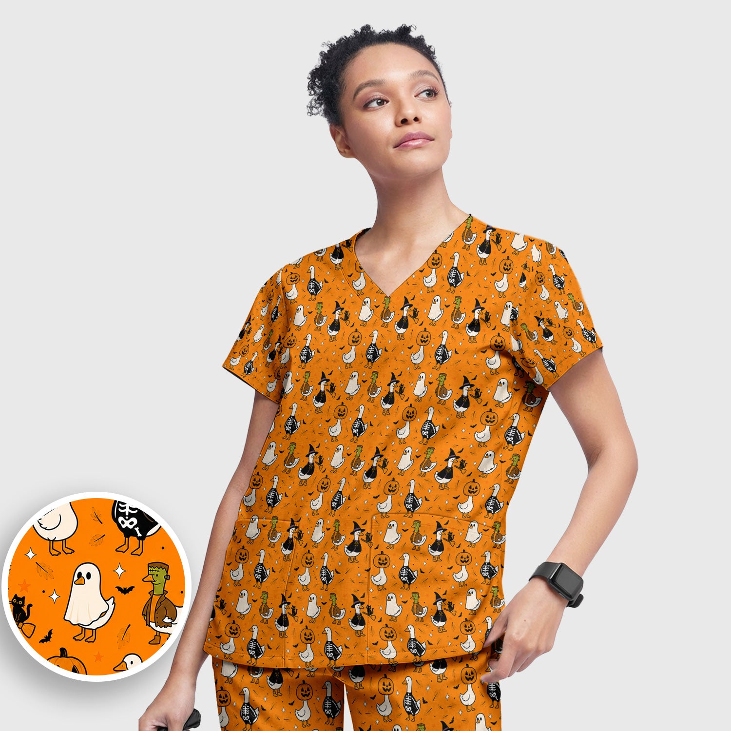 Spooky Halloween Goose Scrub Set, Scrub Pants and V Neck Top