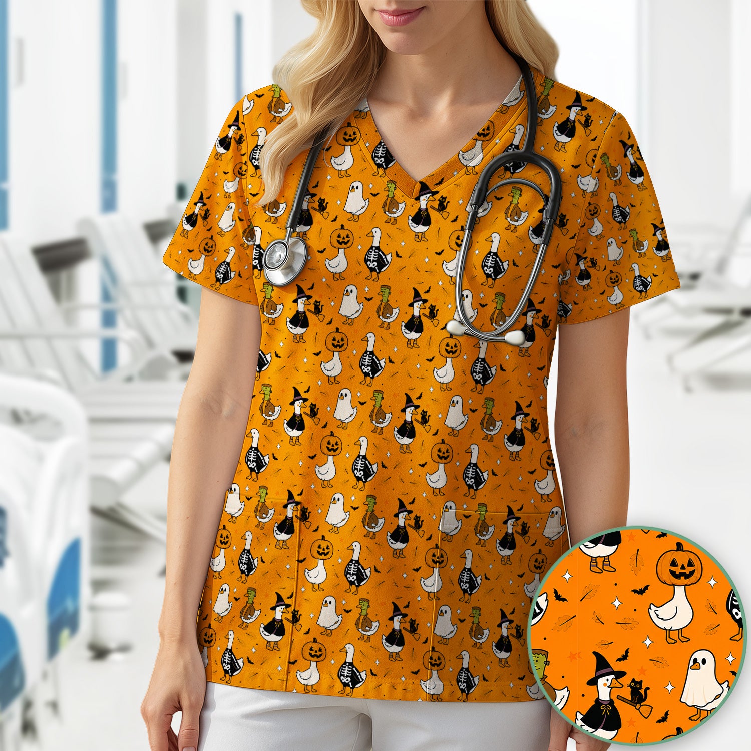 Spooky Halloween Goose Scrub Top, Comfortable Scrubs for Nurses
