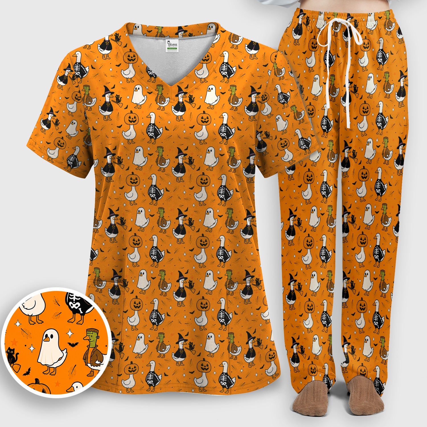 Spooky Halloween Goose Scrub Set, Scrub Pants and V Neck Top