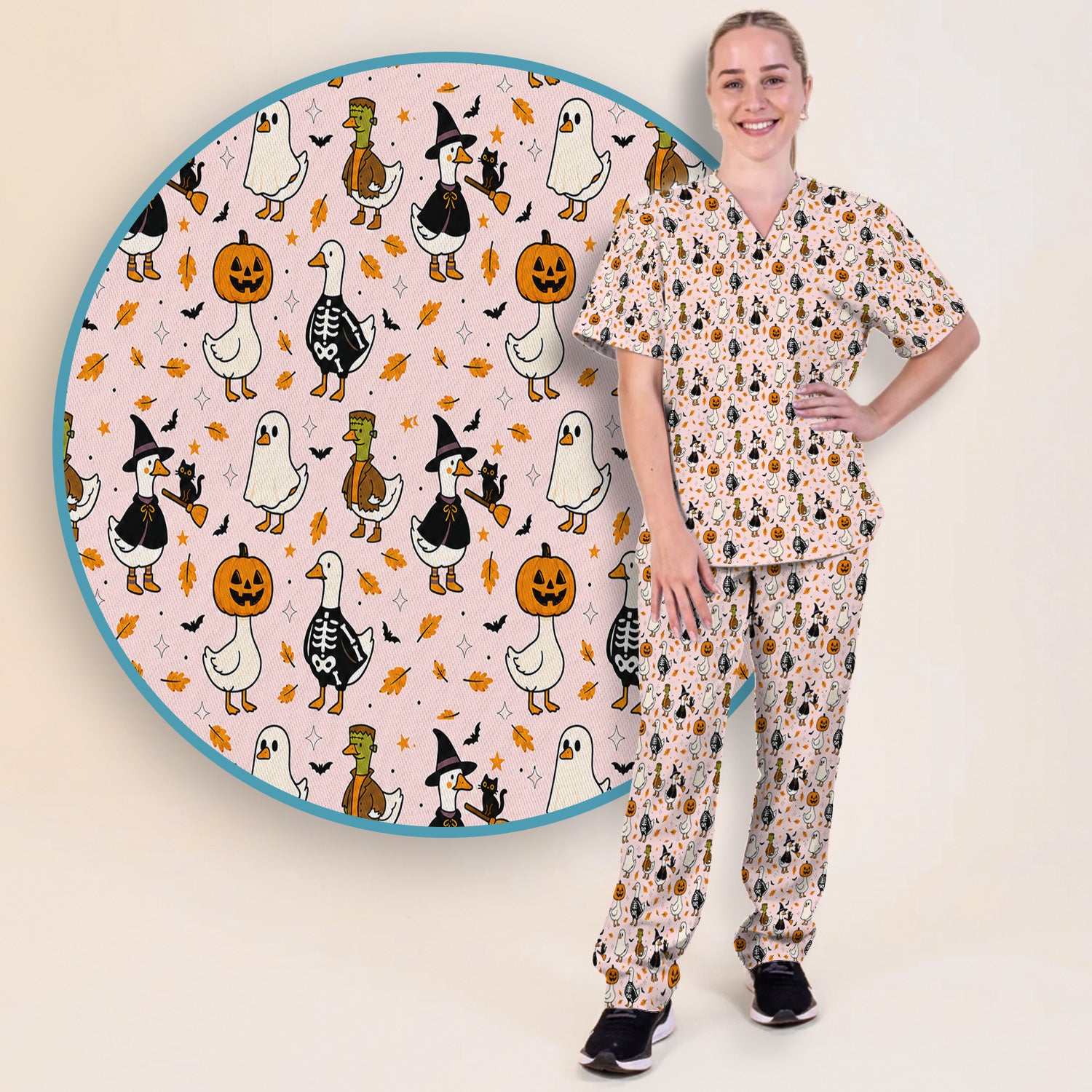 Spooky Halloween Goose Scrub Set, Scrub Pants and V Neck Top