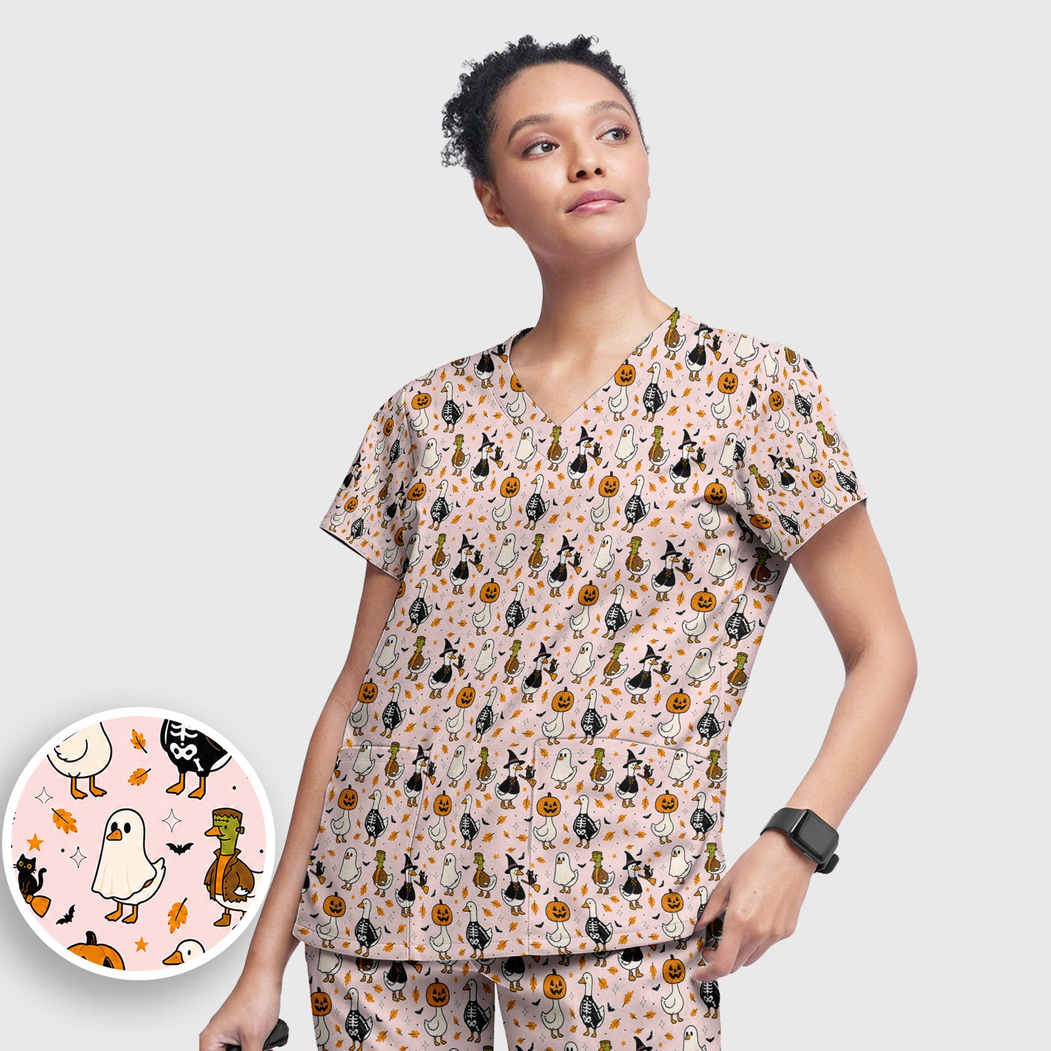 Spooky Halloween Goose Scrub Set, Scrub Pants and V Neck Top