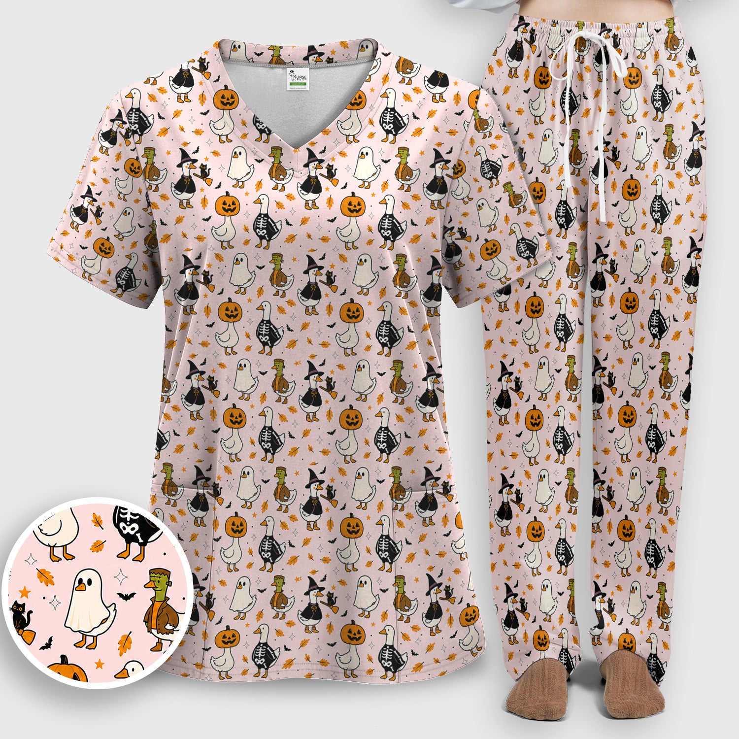 Spooky Halloween Goose Scrub Set, Scrub Pants and V Neck Top