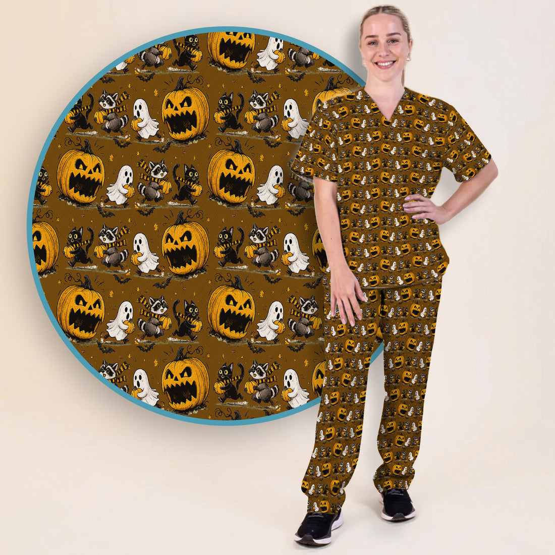 Spooky Halloween Woodland Critters Pattern Scrub Set, Scrub Pants and V Neck Top