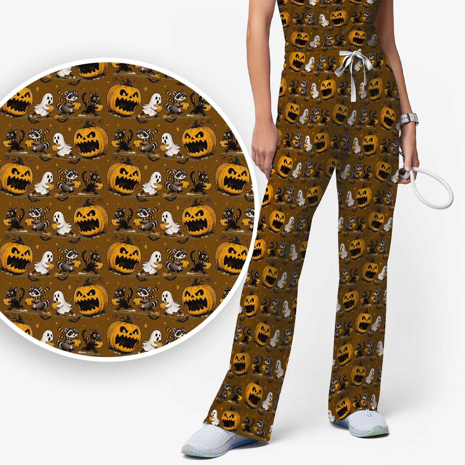 Spooky Halloween Woodland Critters Pattern Scrub Set, Scrub Pants and V Neck Top