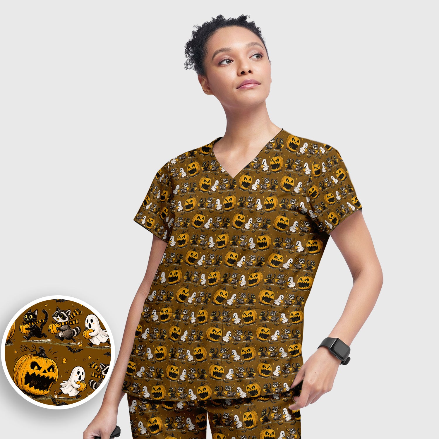 Spooky Halloween Woodland Critters Pattern Scrub Set, Scrub Pants and V Neck Top