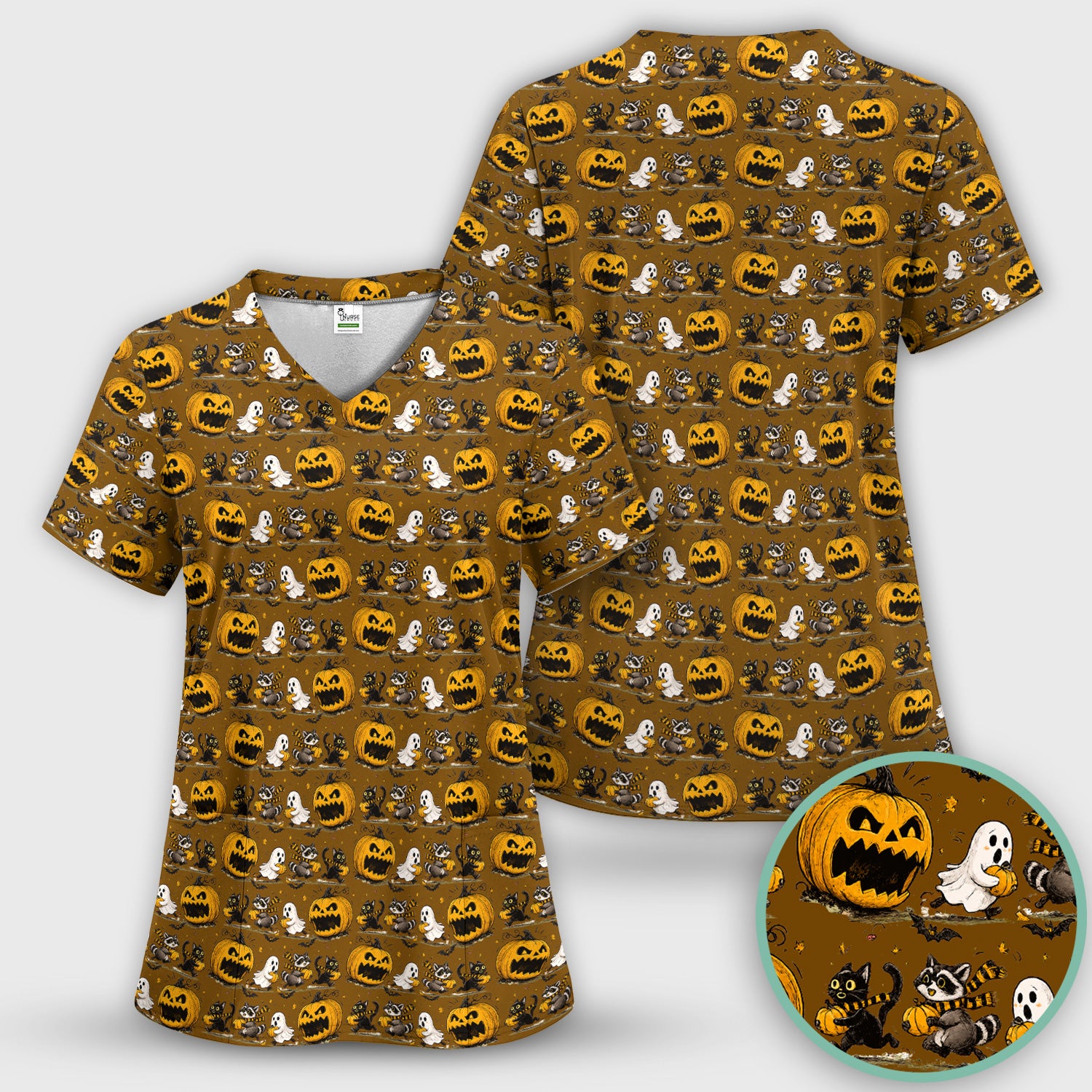 Spooky Halloween Woodland Critters Pattern Scrub Top, Comfortable Scrubs for Nurses