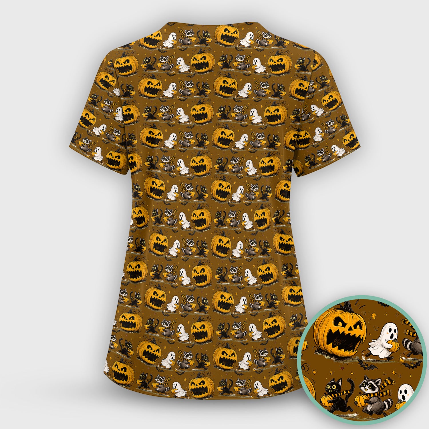 Spooky Halloween Woodland Critters Pattern Scrub Top, Comfortable Scrubs for Nurses