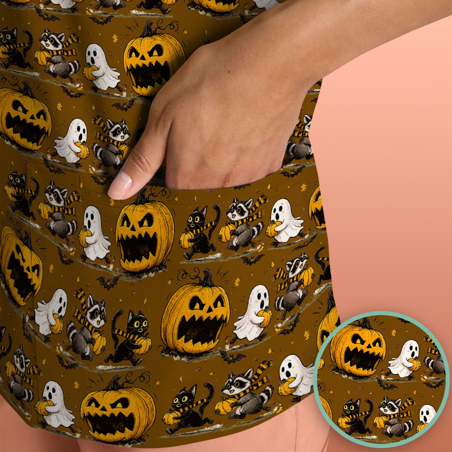 Spooky Halloween Woodland Critters Pattern Scrub Top, Comfortable Scrubs for Nurses