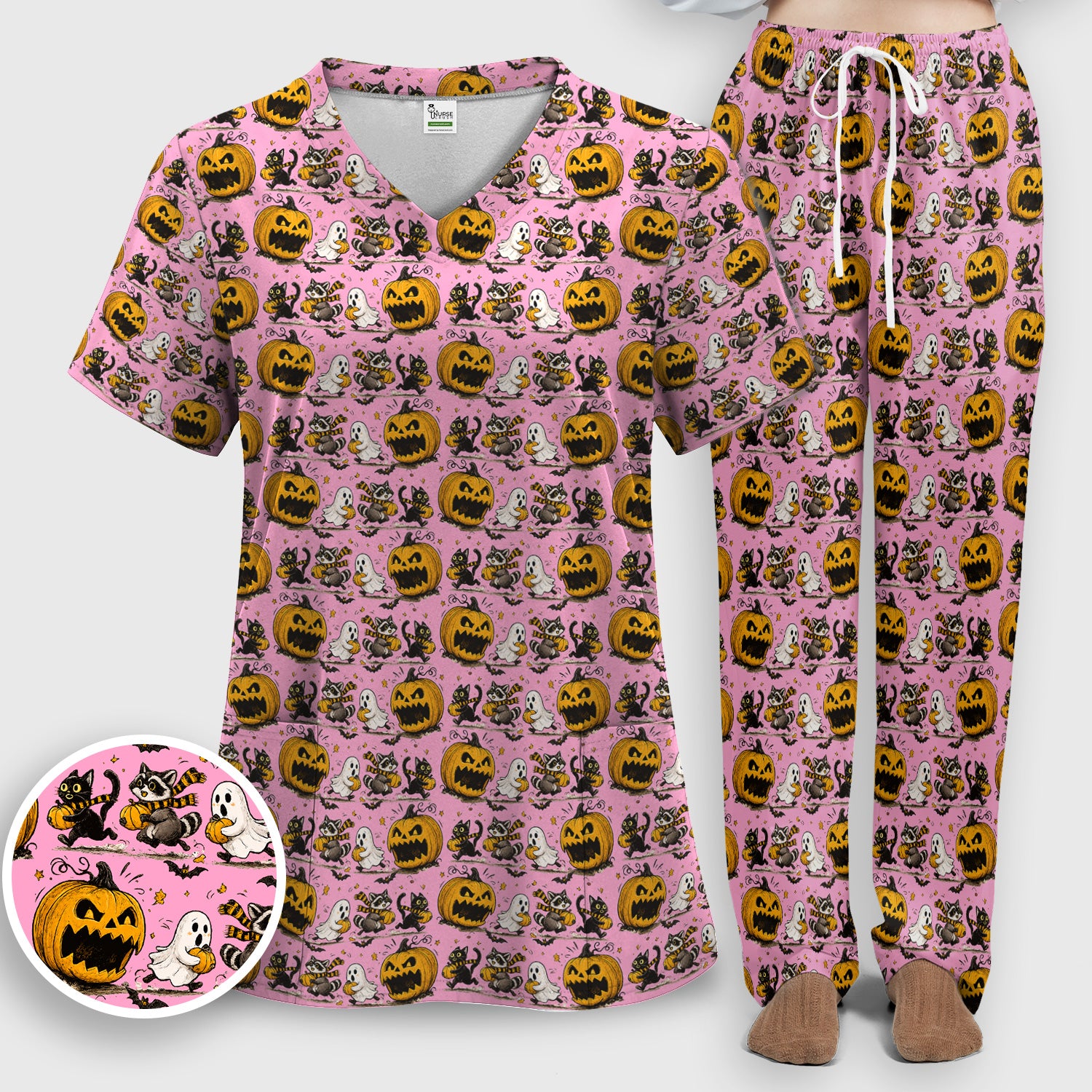 Spooky Halloween Woodland Critters Pattern Scrub Set, Scrub Pants and V Neck Top
