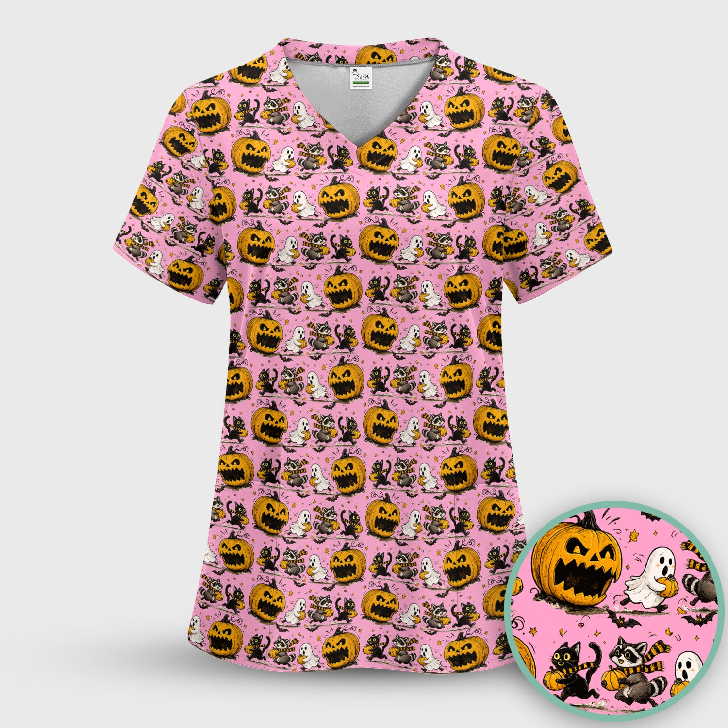 Spooky Halloween Woodland Critters Pattern Scrub Top, Comfortable Scrubs for Nurses