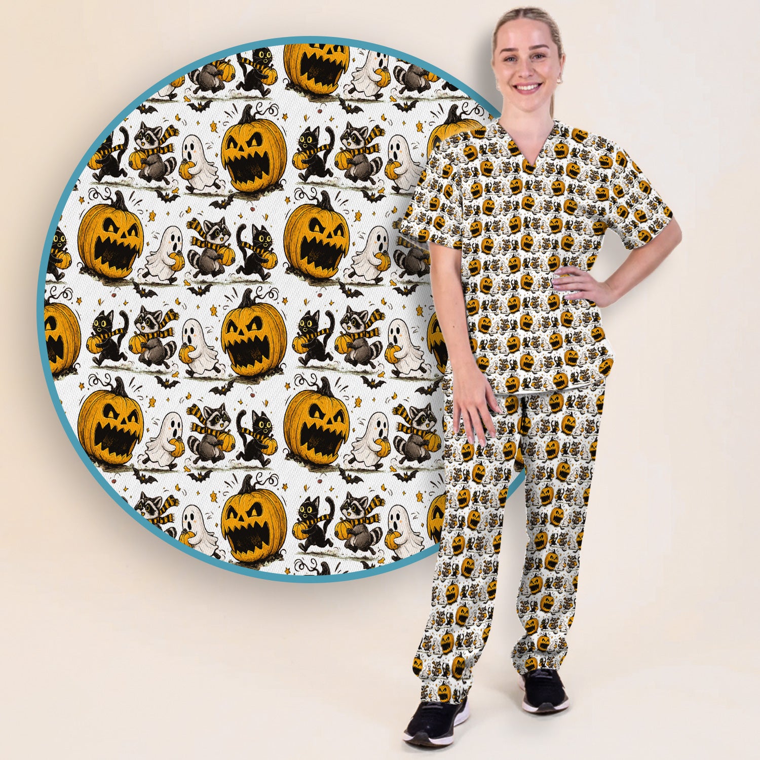 Spooky Halloween Woodland Critters Pattern Scrub Set, Scrub Pants and V Neck Top