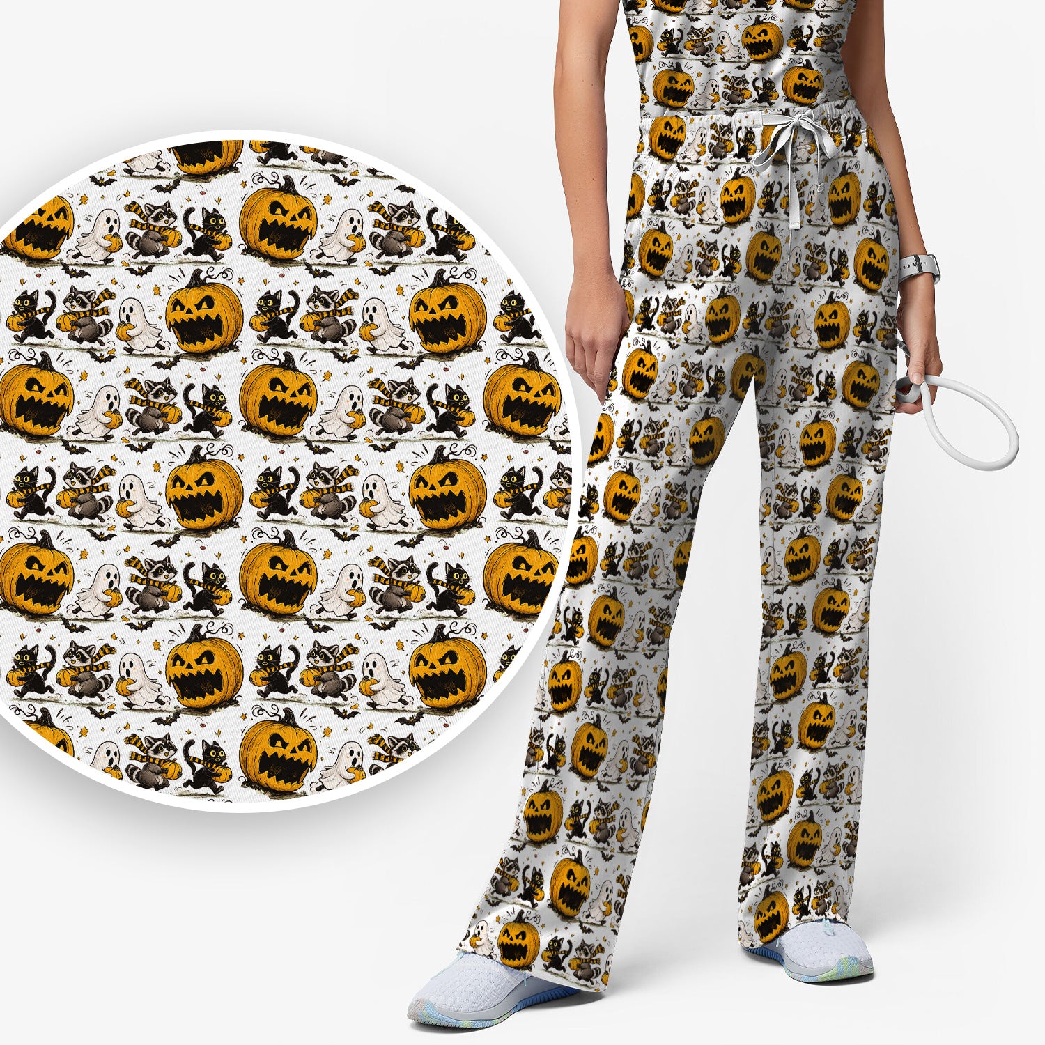 Spooky Halloween Woodland Critters Pattern Scrub Set, Scrub Pants and V Neck Top