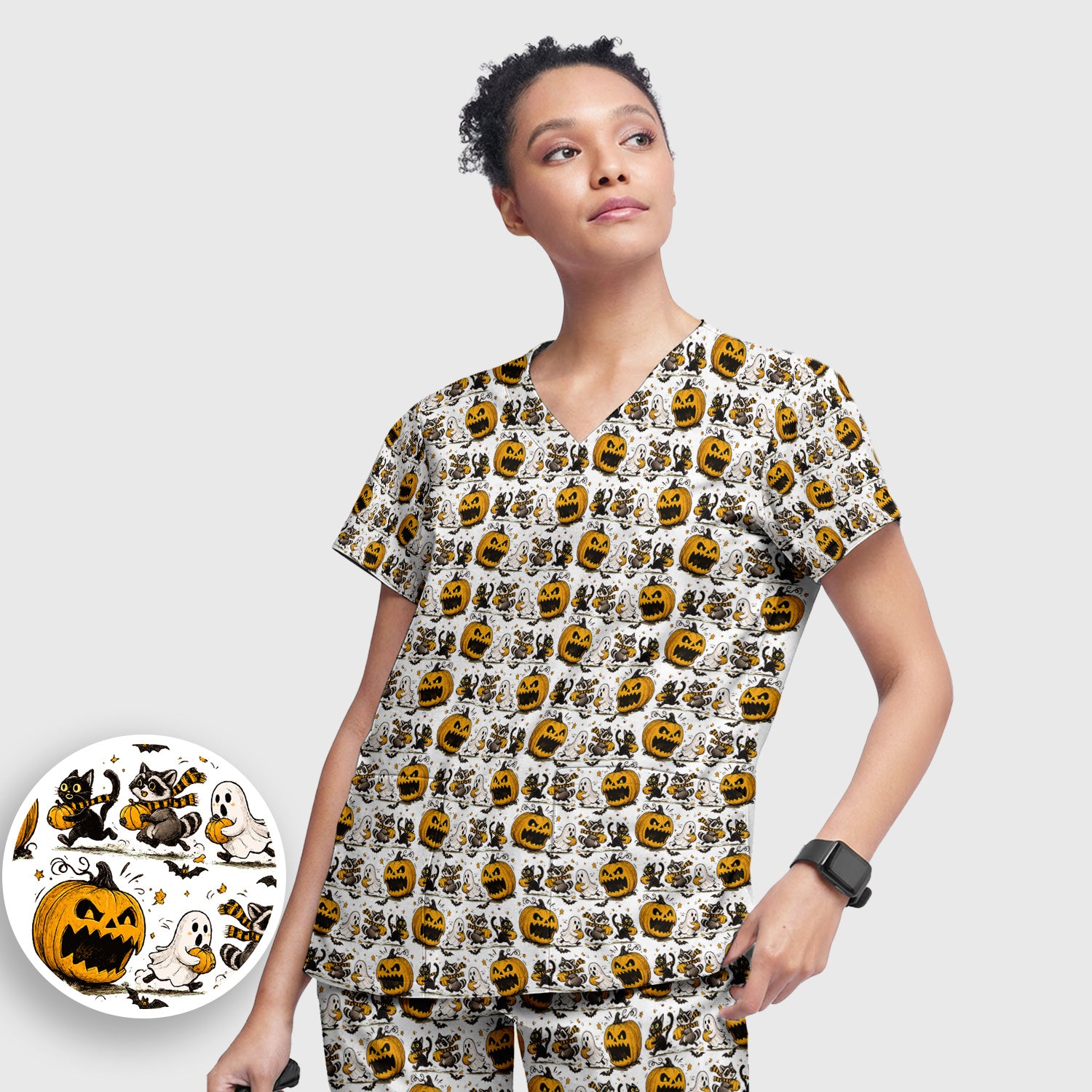 Spooky Halloween Woodland Critters Pattern Scrub Set, Scrub Pants and V Neck Top