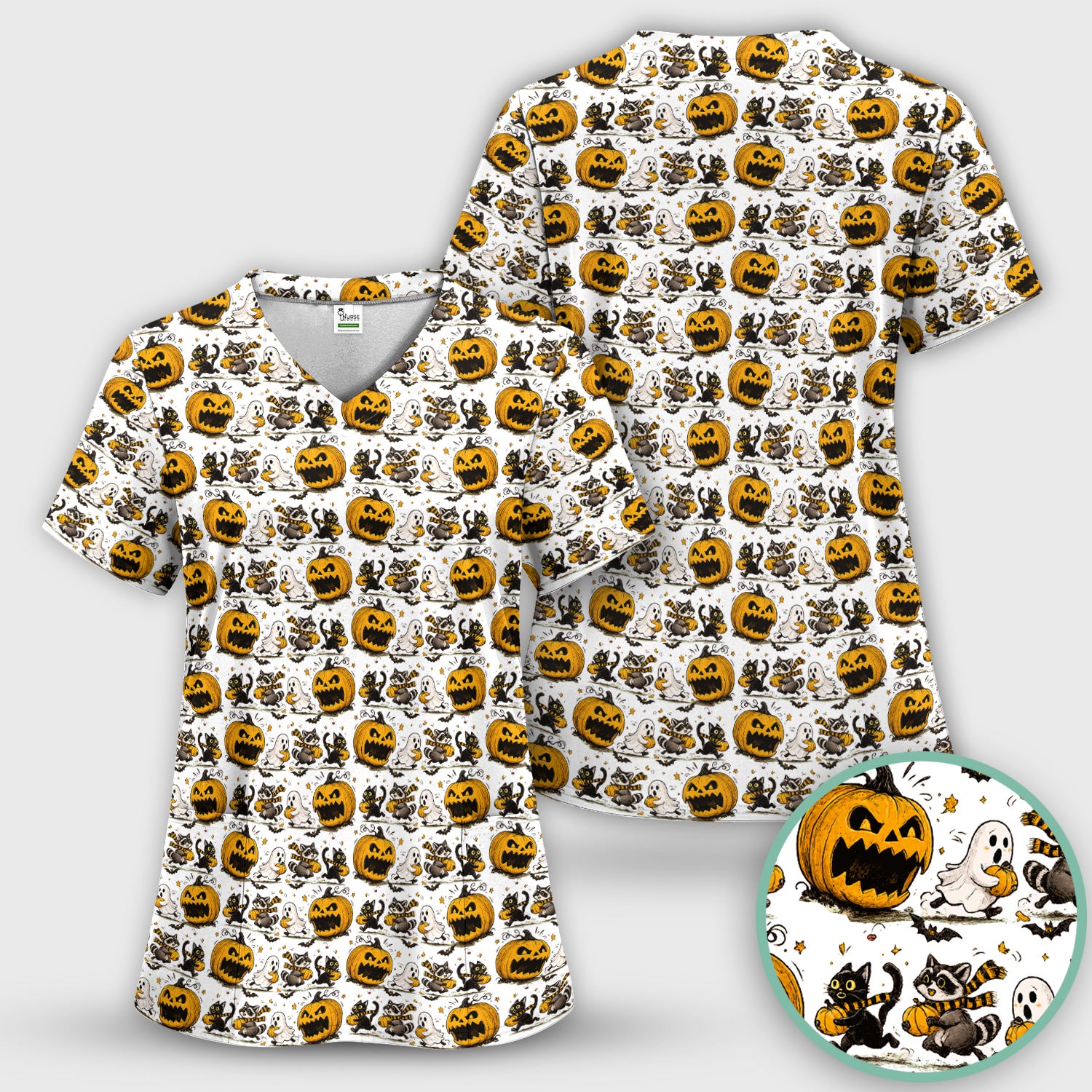 Spooky Halloween Woodland Critters Pattern Scrub Top, Comfortable Scrubs for Nurses