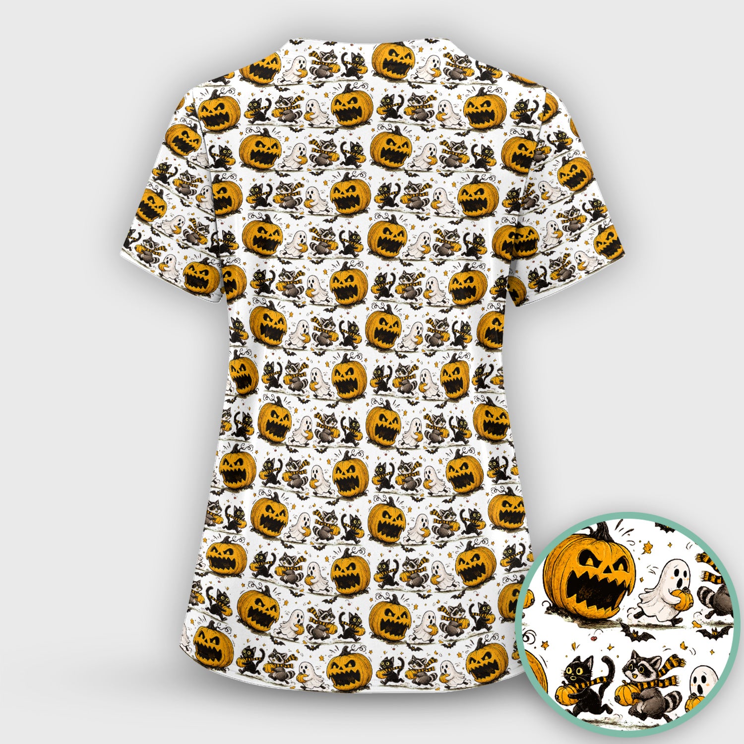 Spooky Halloween Woodland Critters Pattern Scrub Top, Comfortable Scrubs for Nurses
