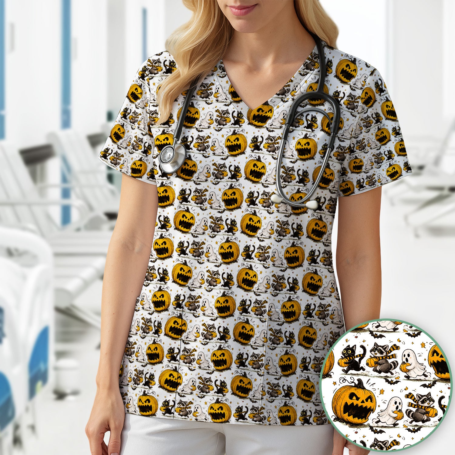 Spooky Halloween Woodland Critters Pattern Scrub Top, Comfortable Scrubs for Nurses