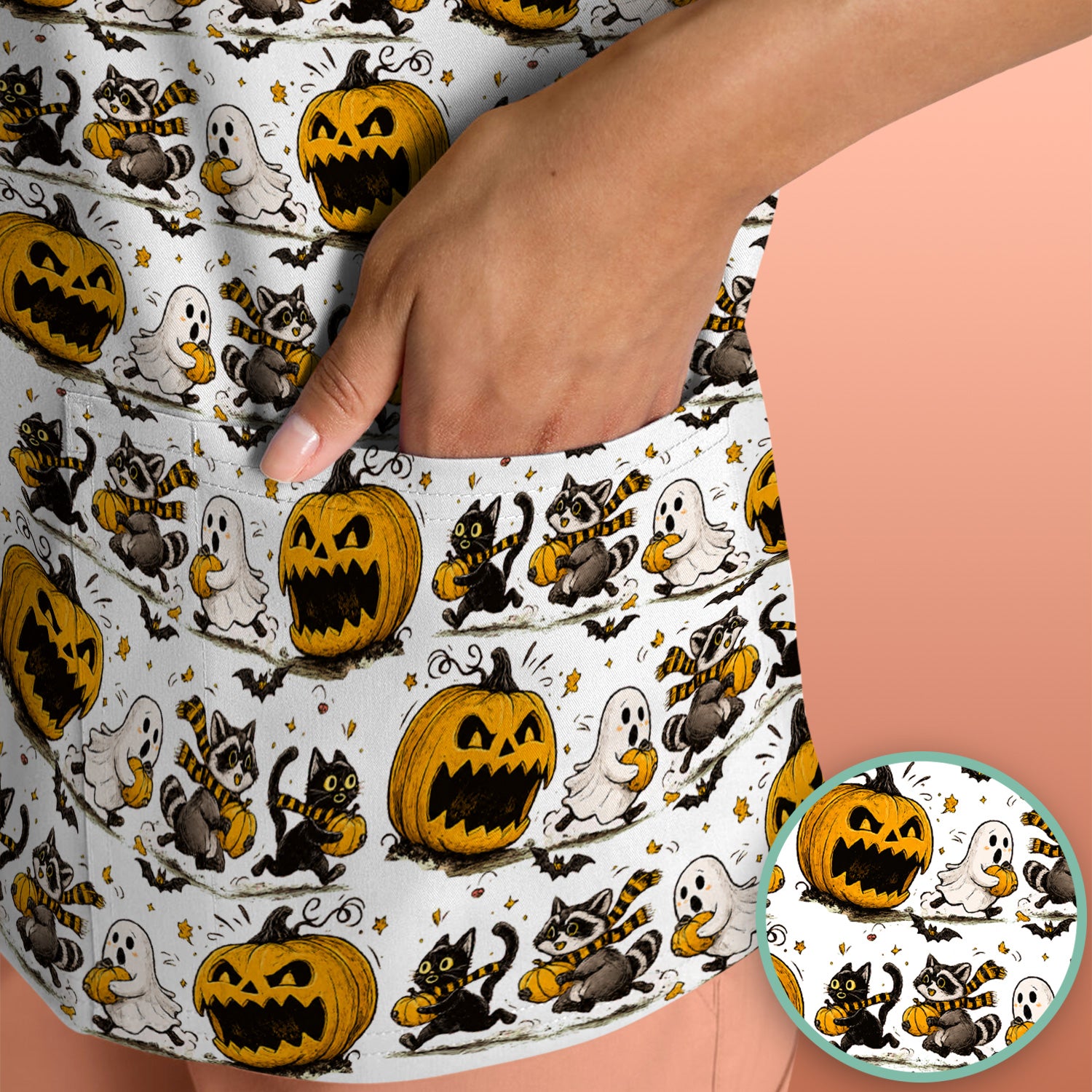 Spooky Halloween Woodland Critters Pattern Scrub Top, Comfortable Scrubs for Nurses