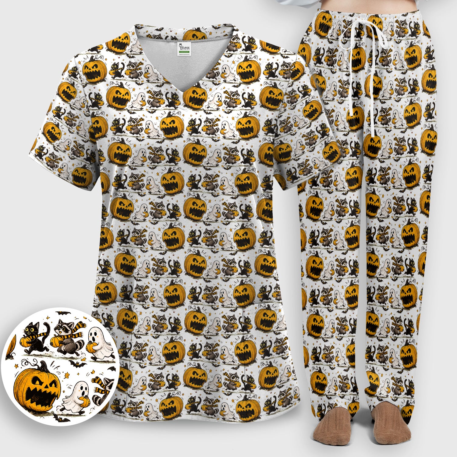 Spooky Halloween Woodland Critters Pattern Scrub Set, Scrub Pants and V Neck Top