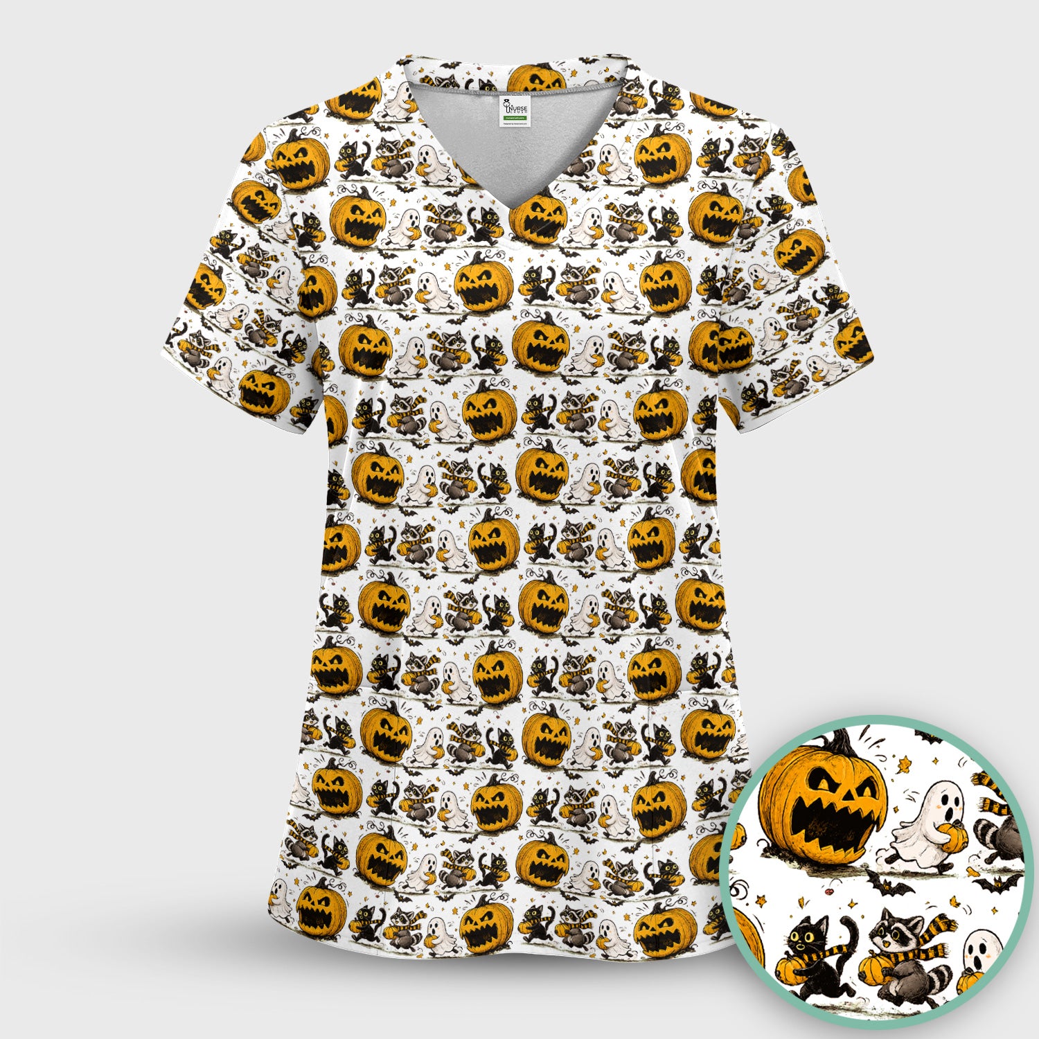 Spooky Halloween Woodland Critters Pattern Scrub Top, Comfortable Scrubs for Nurses
