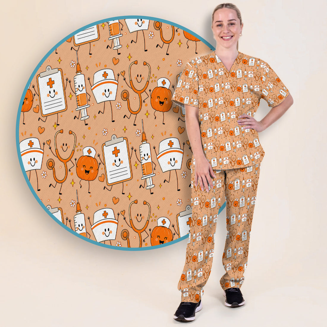 Halloween Stethoscope And Medical Icons Scrub Set, Scrub Pants and V Neck Top
