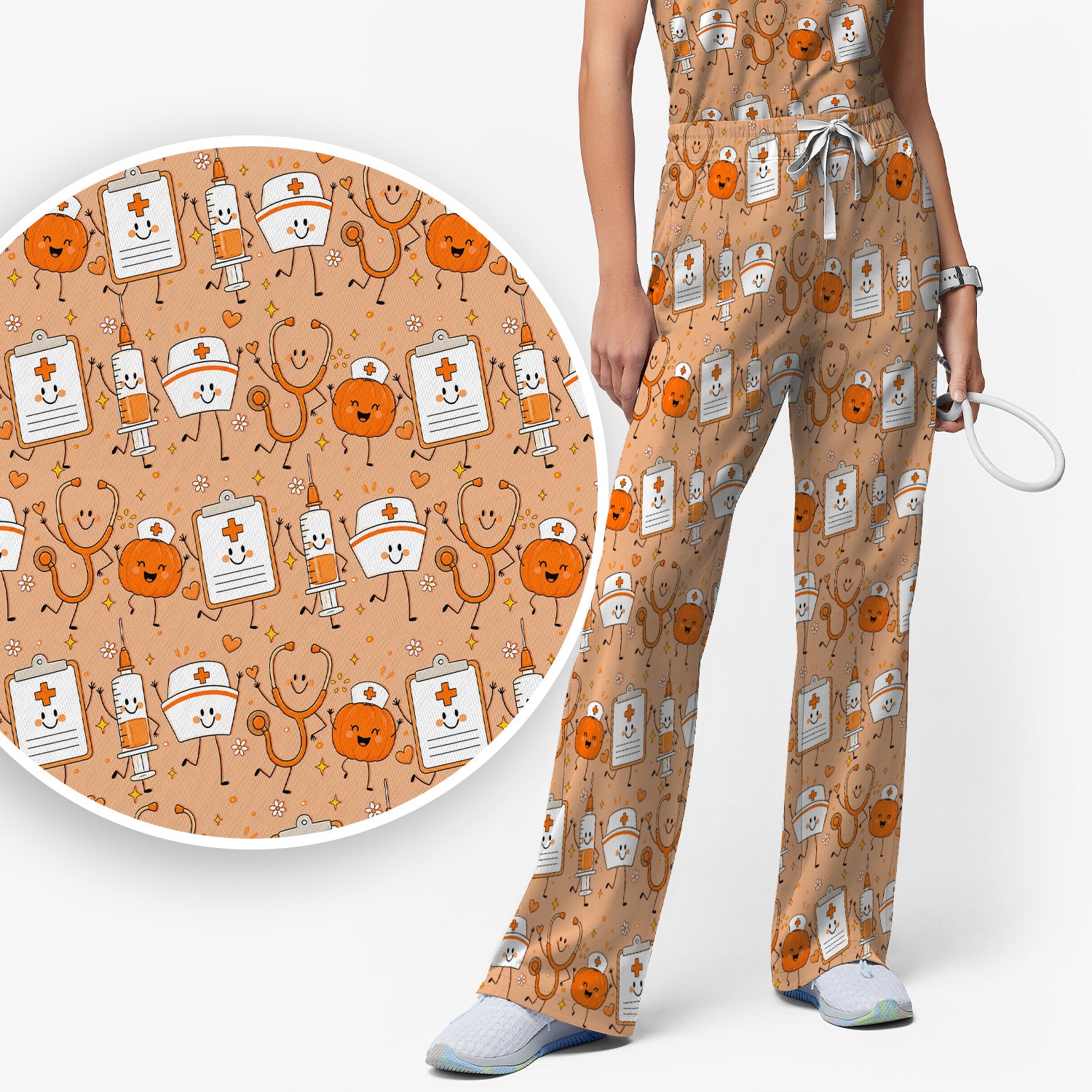 Halloween Stethoscope And Medical Icons Scrub Set, Scrub Pants and V Neck Top