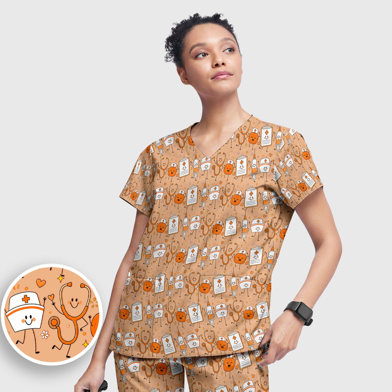 Halloween Stethoscope And Medical Icons Scrub Set, Scrub Pants and V Neck Top