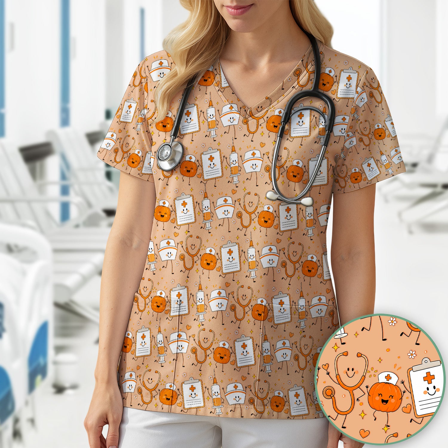 Halloween Stethoscope And Medical Icons Scrub Top, Comfortable Scrubs for Nurses