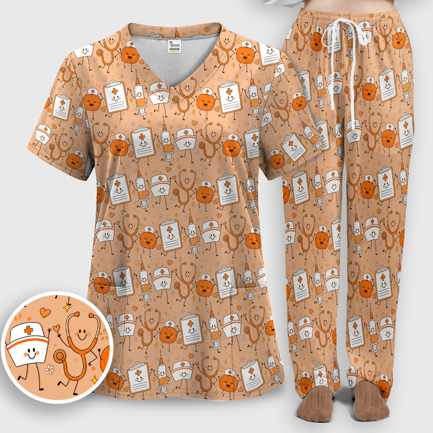 Halloween Stethoscope And Medical Icons Scrub Set, Scrub Pants and V Neck Top