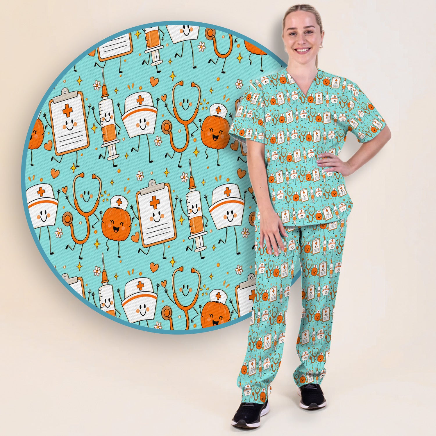 Halloween Stethoscope And Medical Icons Scrub Set, Scrub Pants and V Neck Top