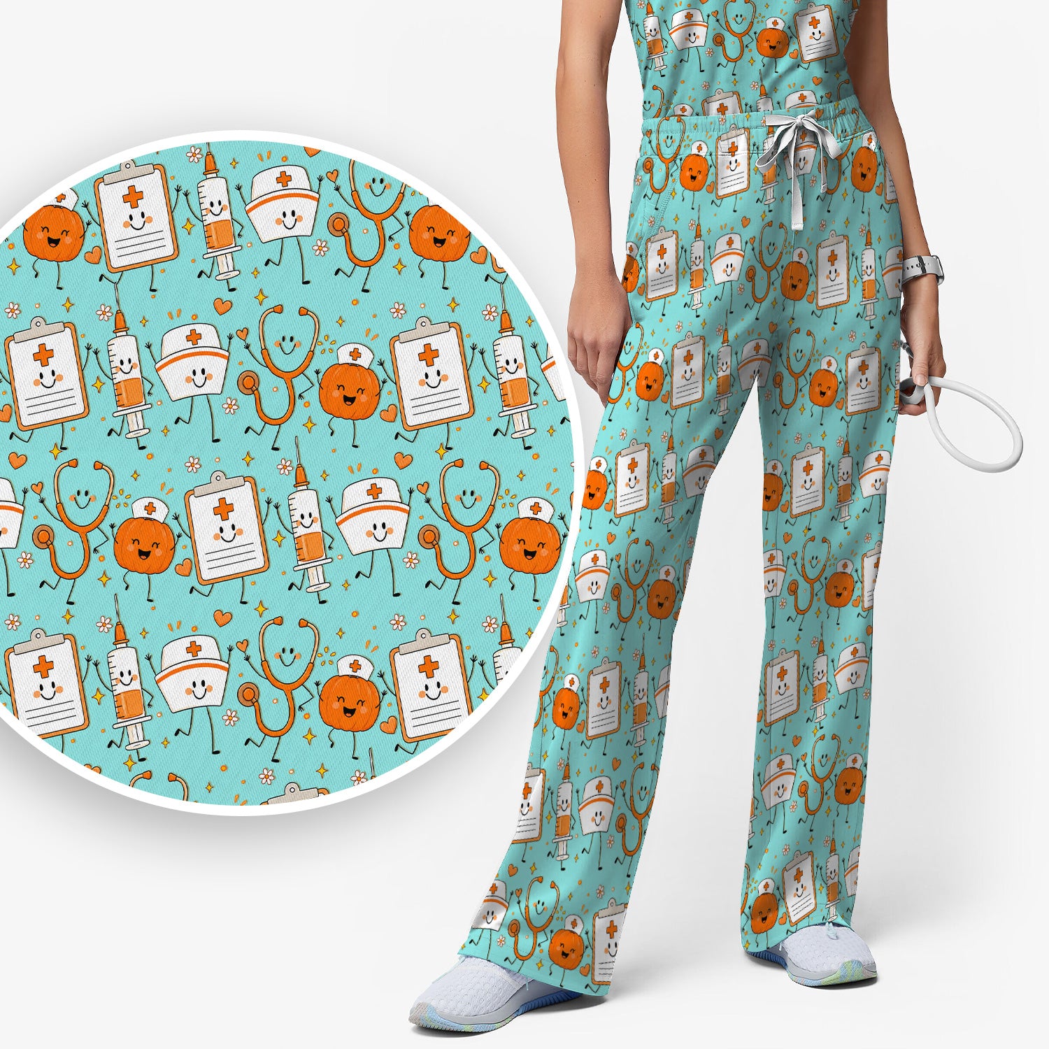Halloween Stethoscope And Medical Icons Scrub Set, Scrub Pants and V Neck Top